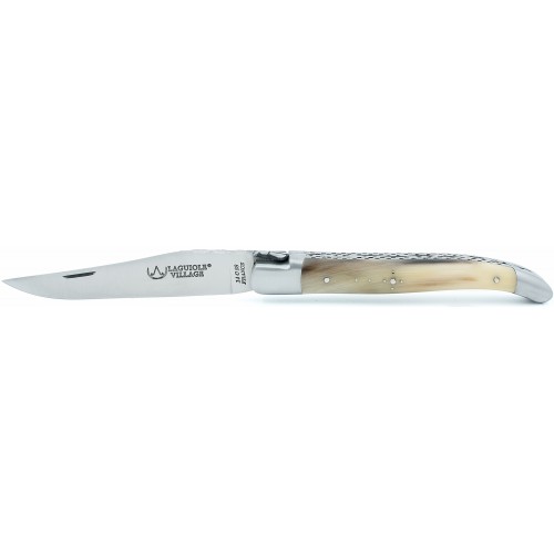 Laguiole pocket knife 11 cm double chiseled plates 2 bolsters in blond horn tip