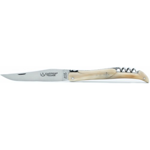 Couteau Laguiole 11 cm plein manche avec tire-bouchon en pointe de corne blonde