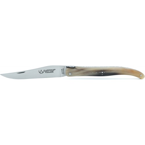 Couteau Laguiole 12 cm plein manche avec ressort imagine en pointe de corne blonde