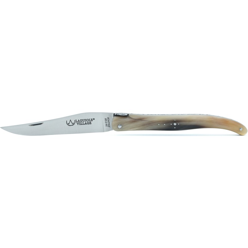Laguiole knife 12 cm full handle with spring imagine n ° 7 in blonde horn tip