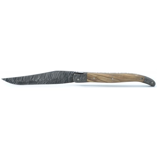 Laguiole pocket knife 12 cm 2 damascus bolsters, carbon damascus blade in olivewood