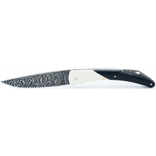 Pocket knife l'Espalion Bridge carbon damascus blade in warthog tooth and ebony