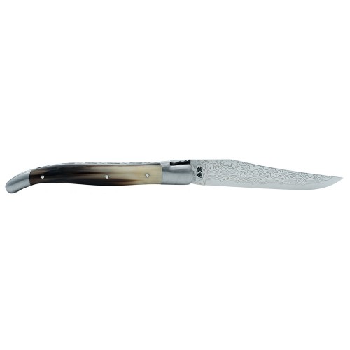 Laguiole pocket knife 12cm 2 bolsters in blond horn tip and japanese damascus blade