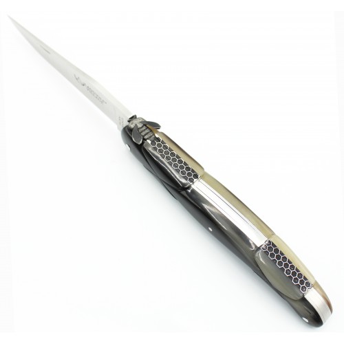 Laguiole pocket knife, 12cm, sculpted handle in horn tip