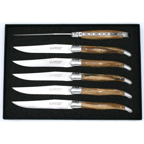 Set of 6 Laguiole steak knives with forged bee in birchwood from Aubrac&#039;s woods