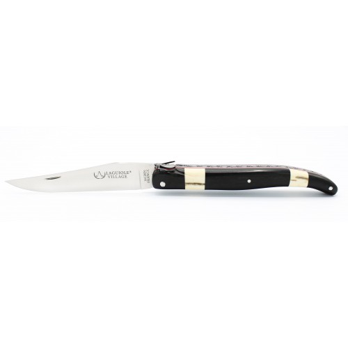 Couteau Laguiole d&#039;exception 12 cm plein manche en ébène, bagues en ivoire de mammouth