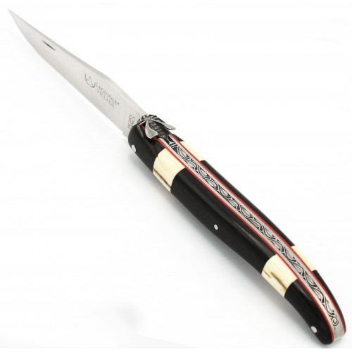 Couteau Laguiole d&#039;exception 12 cm plein manche en ébène, bagues en ivoire de mammouth