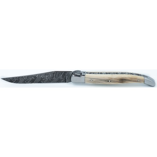 Couteau Laguiole 12 cm en ivoire de mammouth avec ressort Imagine et lame damas carbone