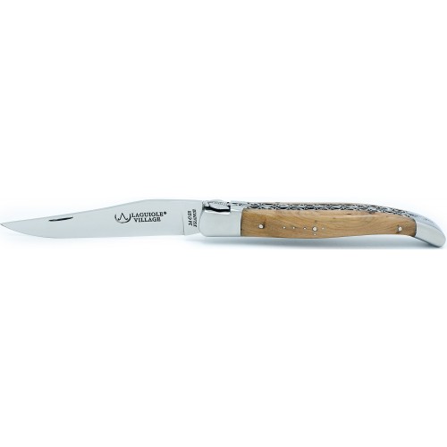 Couteau Laguiole 12 cm double platines guillochées avec ressort imagine en genévrier