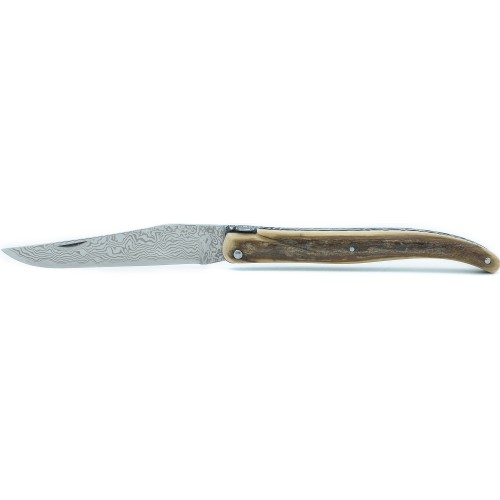Couteau Laguiole 12 cm double platines en croûte de mammouth avec ressort Imagine et lame damas japonais