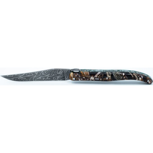 Laguiole folding knife in "mammoth nougat" (mammoth ivory remains in resin), Imagine spring n°4, damascus carbon blade