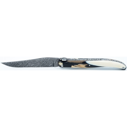Laguiole folding knife in "mammoth zebra" with an Imagine spring and a damascus carbon blade